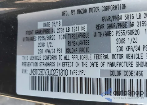 2018 Mazda Cx-9 Grand Touring из США, поврежденный, VIN JM3TCBDY3J0231810